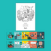 A children's coloring book or activity booklet shown on a teal background, with a large white cover page featuring black line-art ocean creatures and smaller colorful preview panels below showing interior pages.