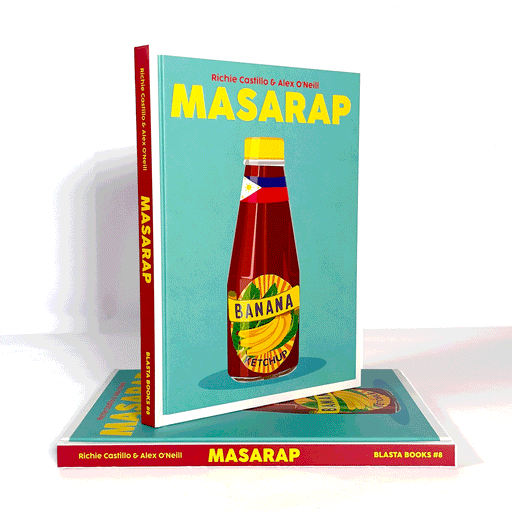 Two Masaarap books, one flat and the other standing on top in front of a white background. Blue cover with drawing of brown bottle with yellow label and bottle top