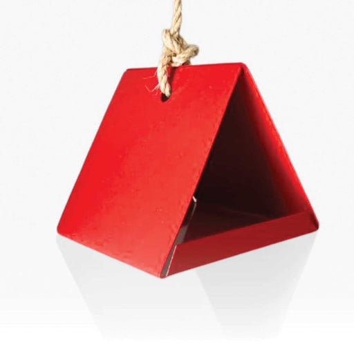 small red metal triangle shaped bird feeder hanging from twine string