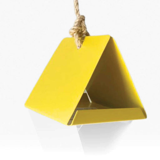 SMALL YELLOW TRIANGLE SHAPED BIRD HOUSE HANGING FROM TWINE STRING