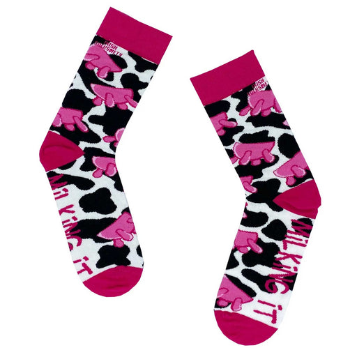 pair of pink, black and white cow print socks with udders pattern