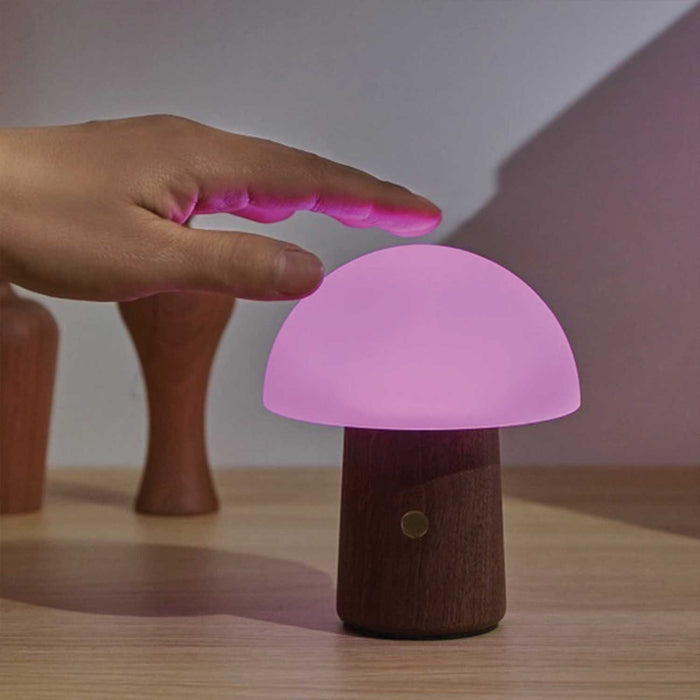 HAND TOUCHING A MUSHROOM SHAPED LIGHT WITH PINK LIT MUSHROOM HEAND AND WOODEN STEM
