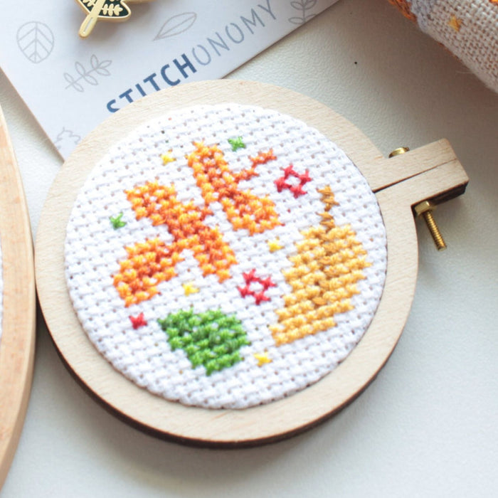 Mini Fall Leaves Cross Stitch Kit with autumn leaf design, perfect for beginners