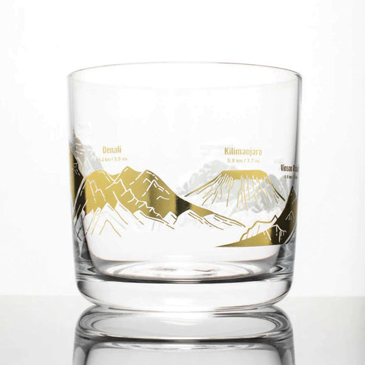 tumbler whiskey glass with gold foil  of the Mountain Peaks of the World