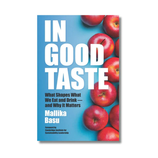 Book cover of 'In Good Taste' with red apples on a blue background