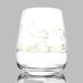 stemless wine glass with gold foil design of the night sky constellations on the outside