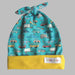 blue baby hat with top knot and cartoon car pattern and yellow band trim