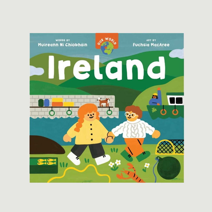 Book cover of 'Our World Ireland' with illustrations of two children holding hands on a green landscape.
