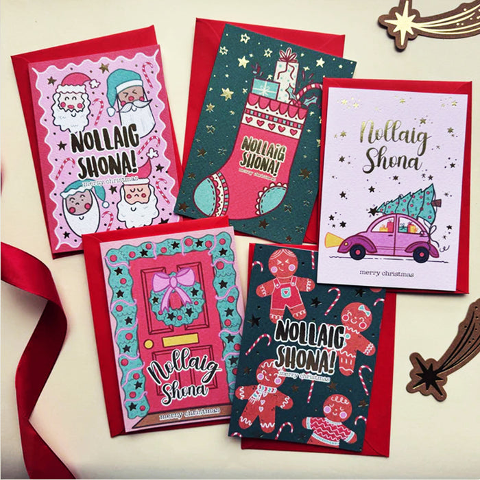 Gold Foiled Irish Language Christmas Card 5 Pack