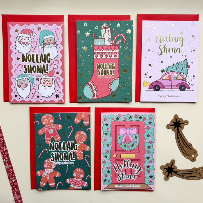 Gold Foiled Irish Language Christmas Card 5 Pack