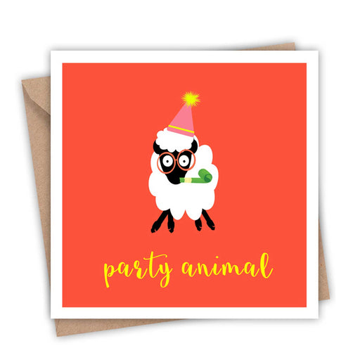 red square greeting card with sheep with black face and legs wearing glasses, a party hat and party blower in mouth