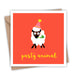 red square greeting card with sheep with black face and legs wearing glasses, a party hat and party blower in mouth