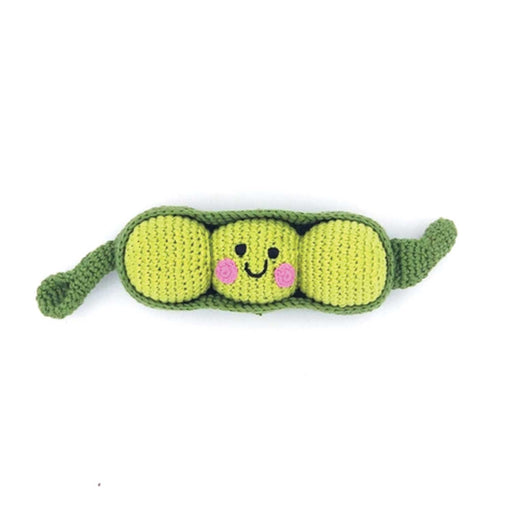 knitted peapod teddy with 3 green peas in a dark green pod, the middle pea has a smiling face and pink cheeks