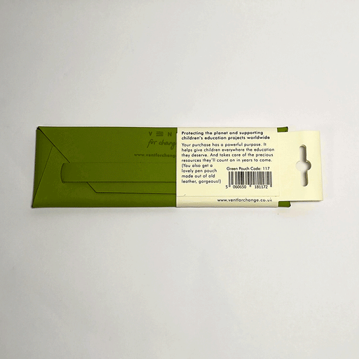 green recycled leather pen & pencil pouch with packaging in front of a white background