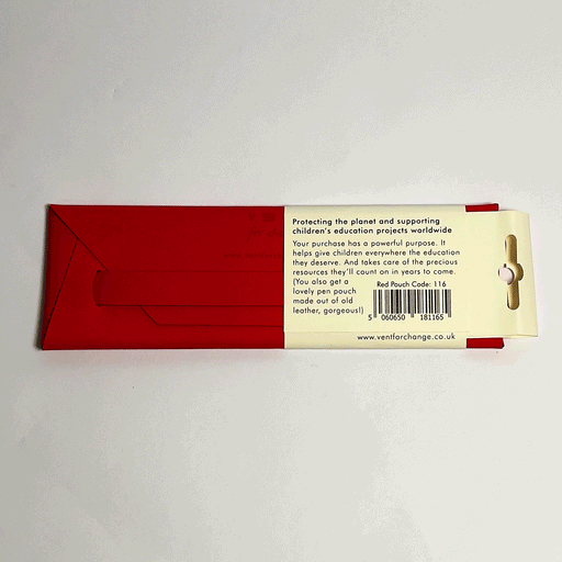 red recycled leather pen & pencil pouch with packaging in front of a white background