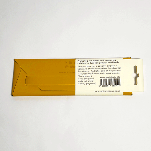 yellow recycled leather pen & pencil pouch with packaging in front of a white background