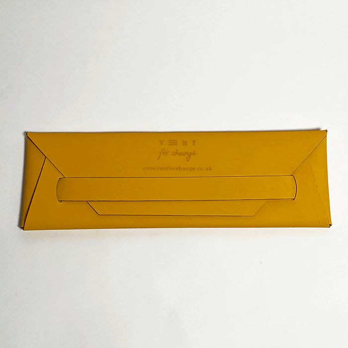 yellow recycled leather pen & pencil pouch without packaging in front of a white background