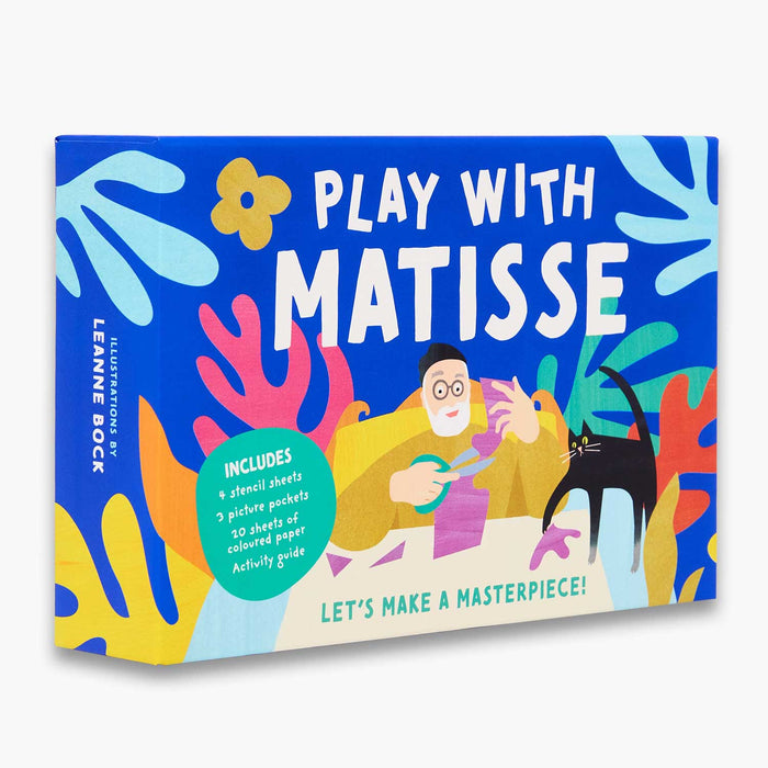 play with matisse activity craft kit box. Blue box with image of a man in glasses cutting shapes with a scissors while a black cat plays with cut out shapes on a table