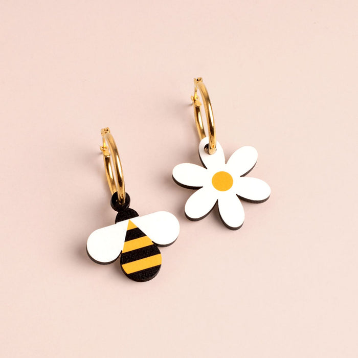 Wooden Earrings - Bee & Flower
