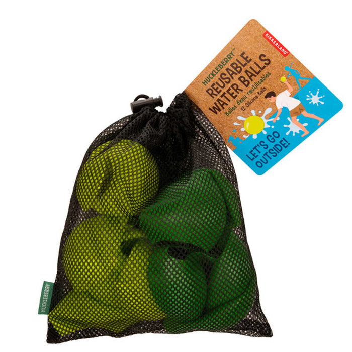 Green reusable water balloons in black mesh bag against white background.