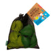 Green reusable water balloons in black mesh bag against white background.