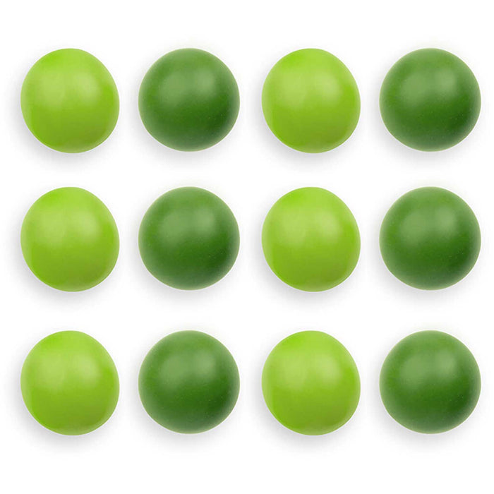 Twelve green reusable water balloons on a white surface.