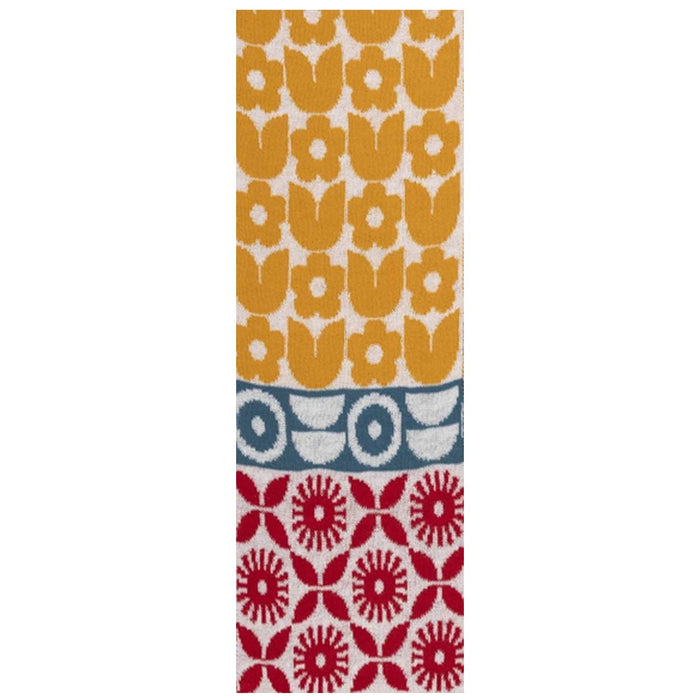 Patterned scarf with yellow, blue, and red floral designs on a white background