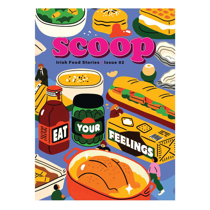 Scoop Irish Food Stories Magazine issue two blue magazine cover with cartoons of roasted turkey, bottle of sauce, jar of pickles , baguette, sallad and sopu