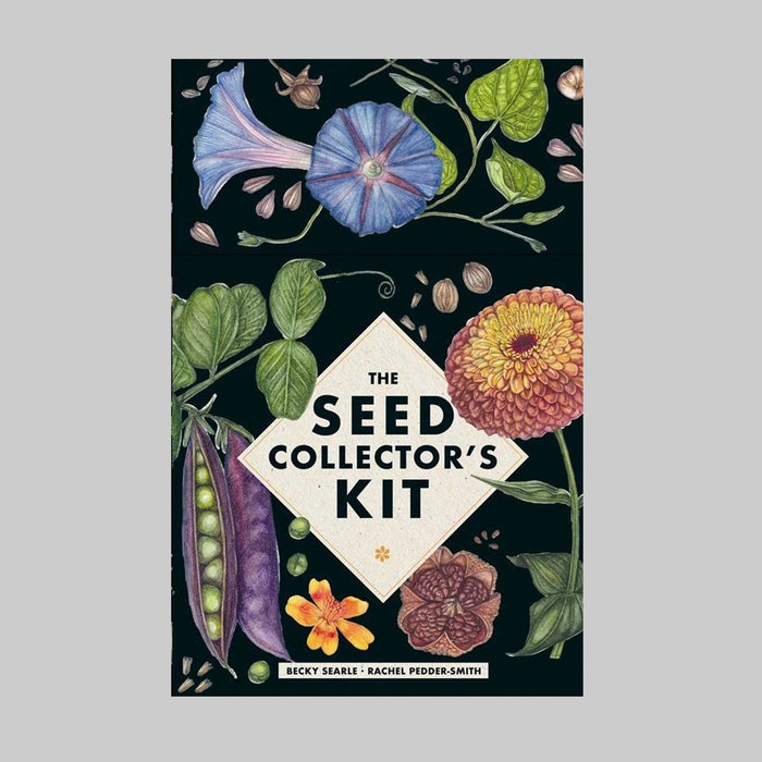 The Seed Collectors Kit card box. Dark green with colourful flowers, leaves and pea in the pod on the cover of the box