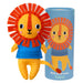Plush lion toy with orange mane and blue outfit next to a cylindrical craft kit packaging on a white background.