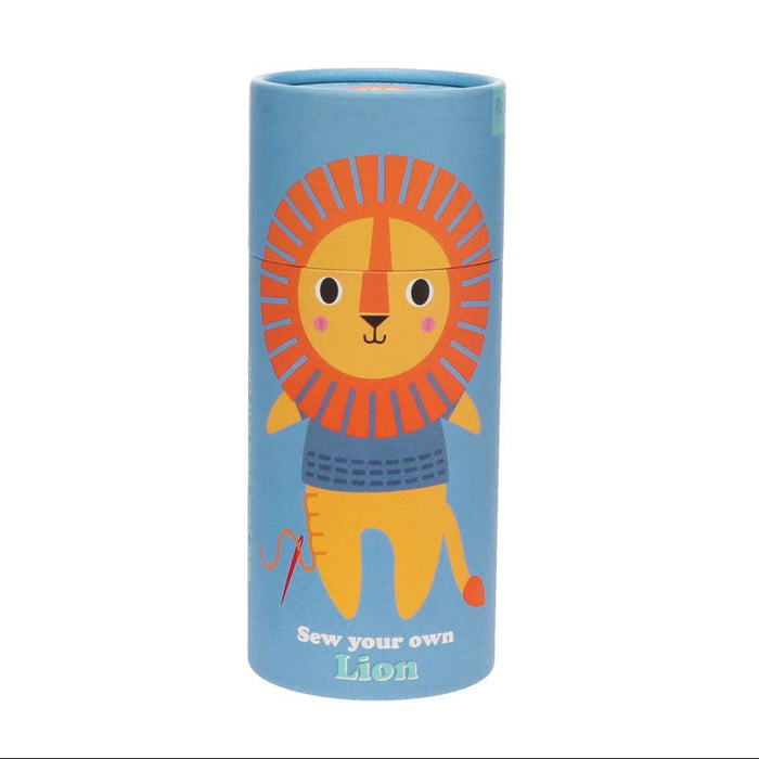 Cylindrical container with a lion design on a blue background