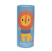 Cylindrical container with a lion design on a blue background