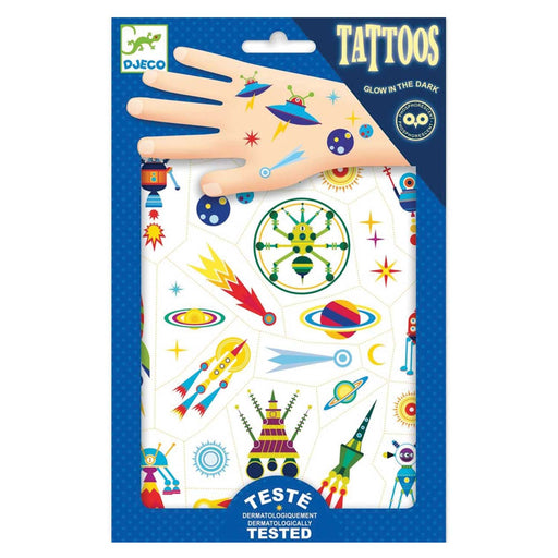 blue space temporary tattoo pack with a pink hand on cover with 2 blue spaceships on it and various comets, planets and spaceships in pack