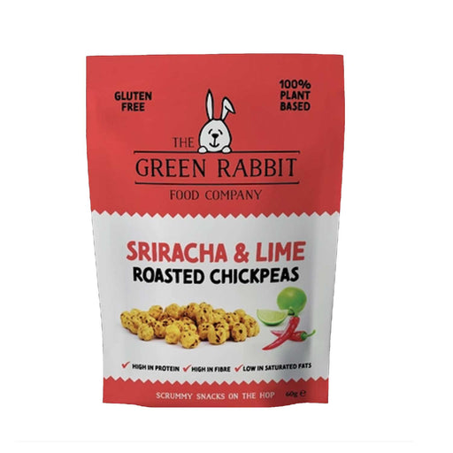 roasted chickpeas packet, red with white band across centre and smiling white bunny face. Sriracha and lime in red lettering with Roasted Chickpeas in black lettering underneath