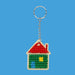 House-shaped keychain with colorful design on a white background