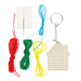 Set of colorful thread spools with a house-shaped keychain on a white background