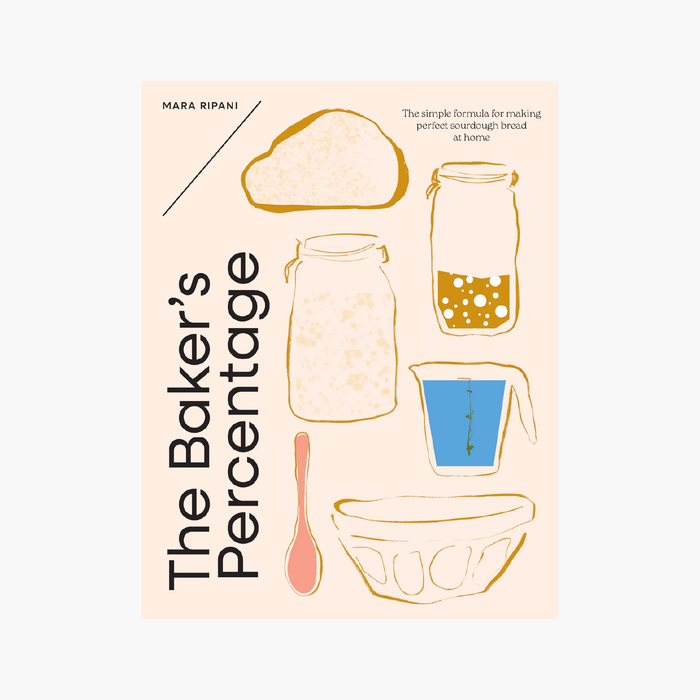 Book cover of 'The Baker's Percentage' with illustrations of baking tools on a beige background.