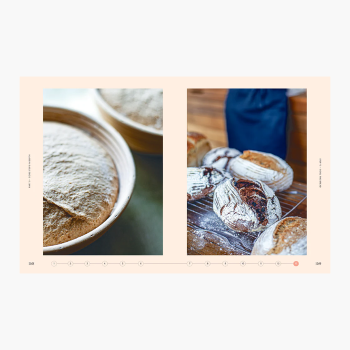 Bread slices in bowls and on a wooden surface with a person in the background.