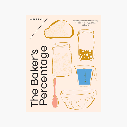 Book cover of 'The Baker's Percentage' with illustrations of baking tools on a beige background.