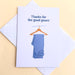 Thanks for the Good Genes greeting card, white card with image of a hanger holding a pair of blue denim jeans
