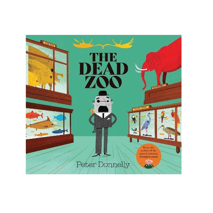The Dead Zoo boo cover with green room and grey cartoon man with moustaches and black glasses with animal displays to left and right