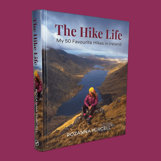 The Hike Life book in front of a purple background. The book cover shows a woman in a purple jacket and yellow hat sitting on top of a mountain sm0iling with a long lake visible in the valley behind her