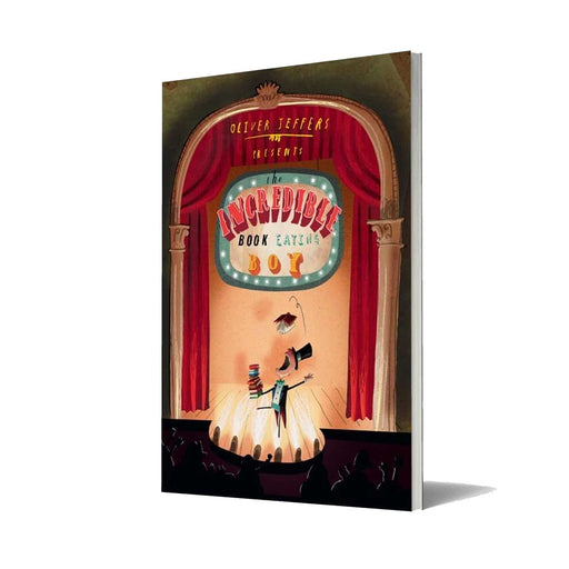 book of the iNCREDIBLE BOOK EATING BOY. Book cover show a man in tophat holding books on a stage. 
