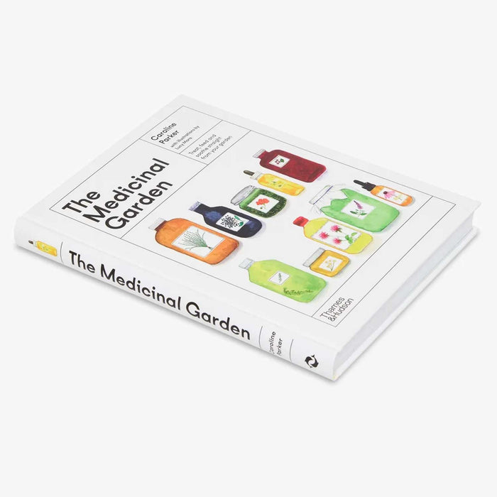 The Medicinal Garden guide book, cover features illustration of ten various sized jars with labels of plants and herbs