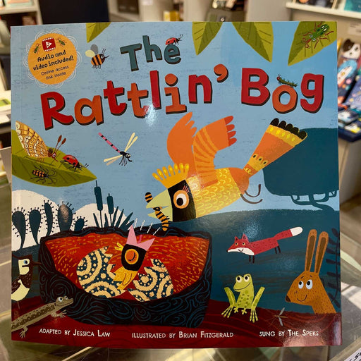 The Rattlin Bog book lbue cover with a birds nest and chick in a broken blue and white stripe egg. A bird if feeding the chick a worm and there are insects a frog, fox and rabbit on the cover too