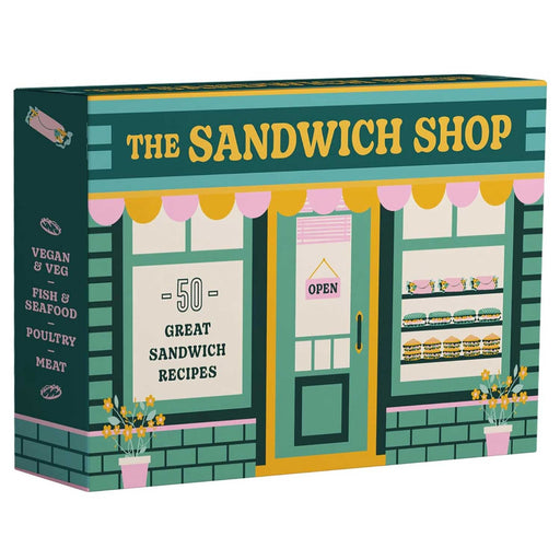 The Sandwich Shop recipe card box, designed to look like a green brick shopfront with 3 rows of sandwiches in the window and a yellow and pink awning