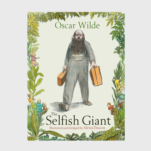 The Selfish Giant by Oscar Wilde bookcover framed by green leaves and foliage with a bald man with long beard and grey clothes, vcarrying two suitcases. walking towards the viewer