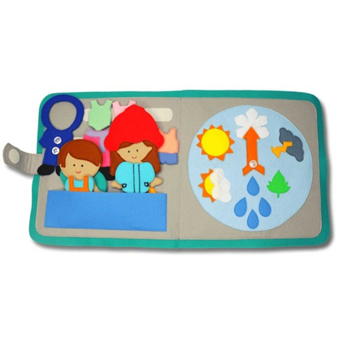 Weahter booklet with weather dial on the right showing an arow and sun, clouds and rain and a pocket on the left holding a felt boy and girl and clothing