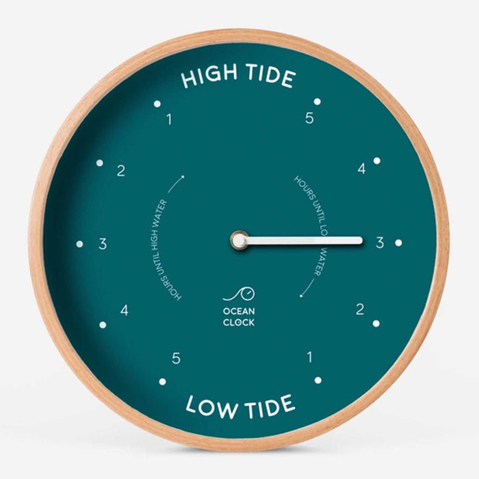 Teal coloured tide clock against a white background.