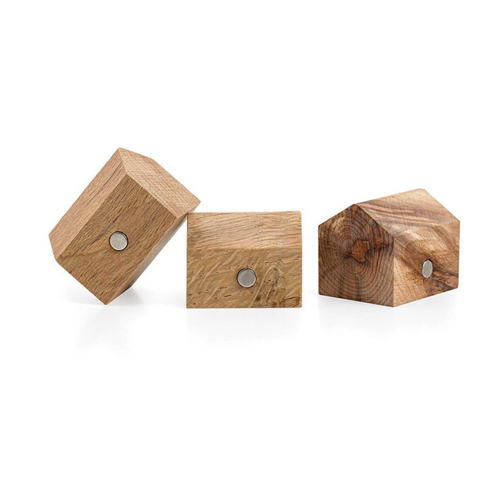 3 wooden house shaped magnets with round magnet in hte centre of each